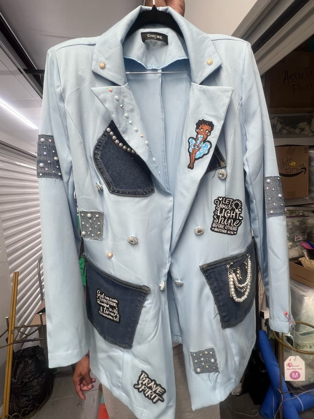 Custom made chic Light Blue Embellished Patchwork Blazer